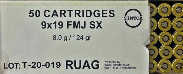 9mm Para Ruag FMJ SX 8.0gr/124gr